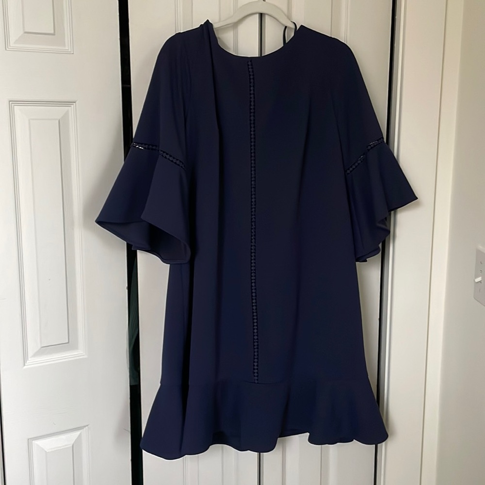 3/4 Ruffle Sleeve Navy Blue Knee-Length Dress